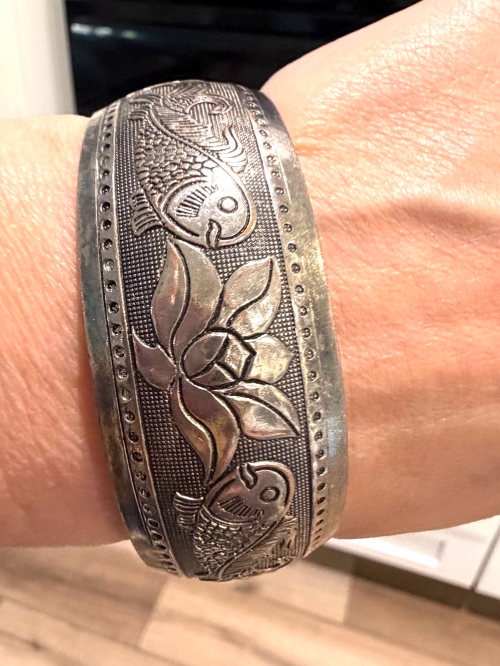 Vintage Fine SILVER Chinese Wen Yin  Lotus Koi Fish Cuff Bangle | Miao Stamp 32g